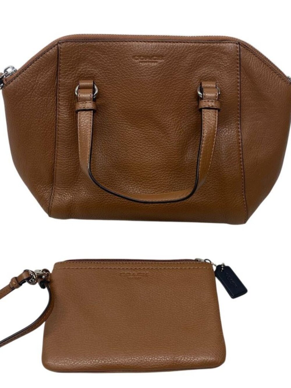 COACH Brown Pebbled Leather Zip Top Satchel Handbag+Park Leather Wristlet Purse